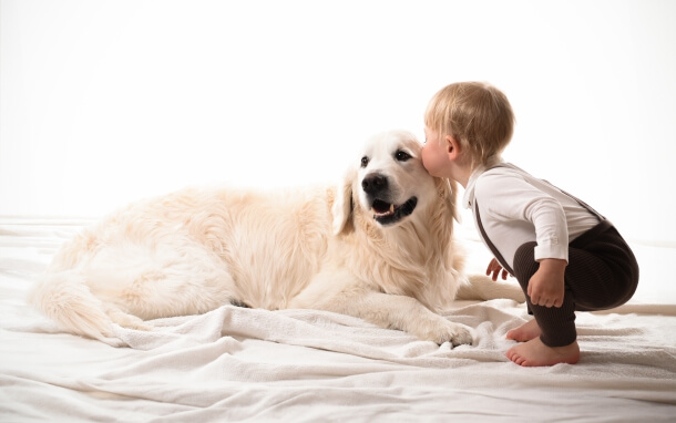 Litet barn pussar familjehund, naturlig familjefotografering med husdjur.