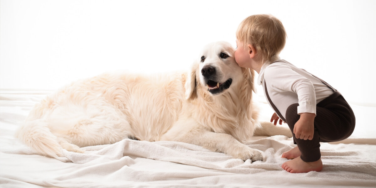Litet barn pussar sin familjehund - familjefotografering med husdjur